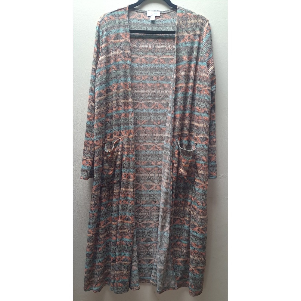 LuLaRoe Sarah Duster Cardigan XL Womens Multi Color Geometric Ribbed Knit New